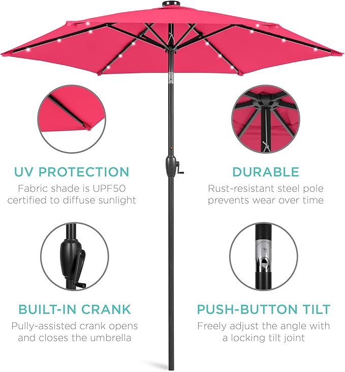 Best Choice Products 7.5ft Outdoor Solar Market Table Patio Umbrella for Deck, Pool w/Tilt, Crank, LED Lights - Hot Pink