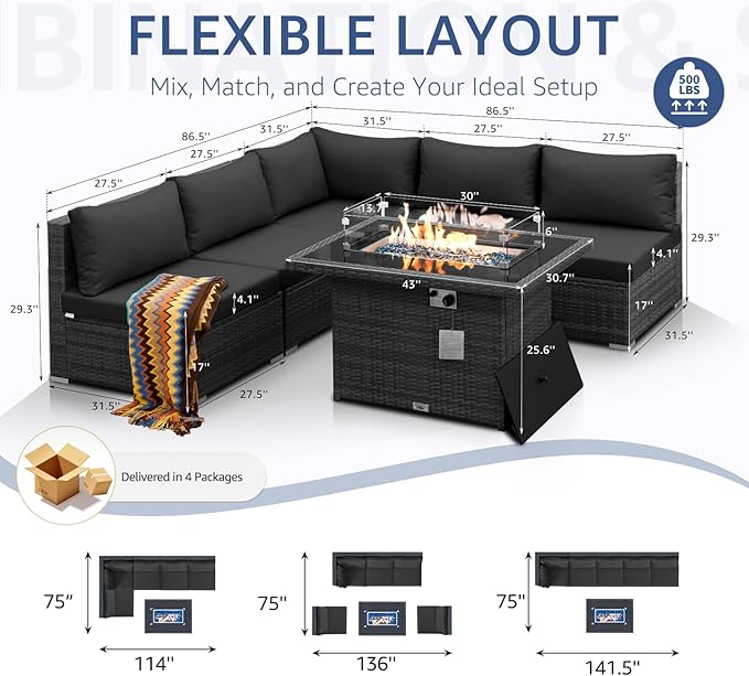 NICESOUL 6 Piece Outdoor Patio Furniture Set with Fireplace Table Natural Gas & Propane, 29.3'' High-Back L Shaped Sectional Sofa Set, Large Deep Seated Modern Conversation Couch for Tall People, Gray