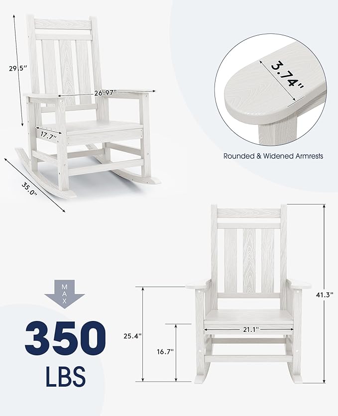 KINGYES Oversized Outdoor Rocking Chair Set of 6, All-Weather Patio Rocking Chairs for Porch, HDPE Outdoor Patio Rockers with High Back & Wide Seat for Garden, Lawn, White
