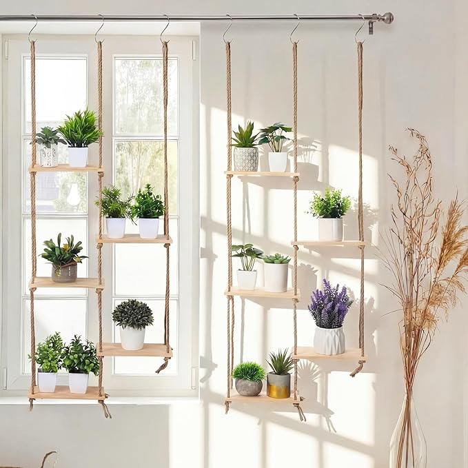 Novabright Window Hanging Plant Shelf with Wooden Shelves Macrame Rope Hanging Plant Stand with 3 S Hooks for Indoor Outdoor Bedroom Window Sill Balcony Boho Decor(Wood Color,2 Pcs)