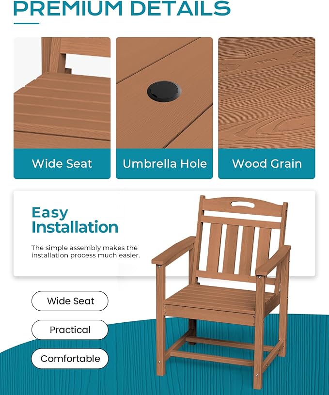 Ciokea HDPE Outdoor Dining Table with Umbrella Hole,66" Rectangle Patio Table for 6,All-Weather Outdoor Patio Furniture Set for Garden Backyard,Teak