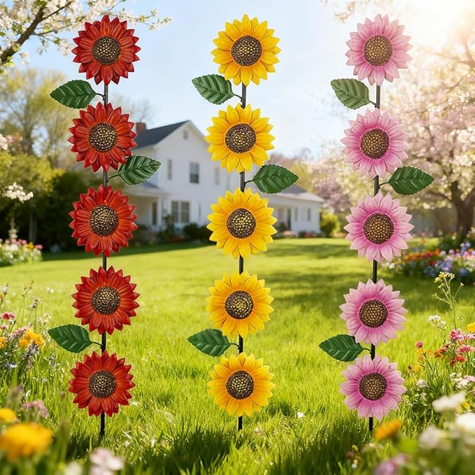 3 Pack Sunflowers Garden Stakes Decor,Metal Yard Art Decorative Garden Stakes,Metal Flowers Spring Garden Decor for Outside,Landscape,Patio(22.6 * 4.7IN)