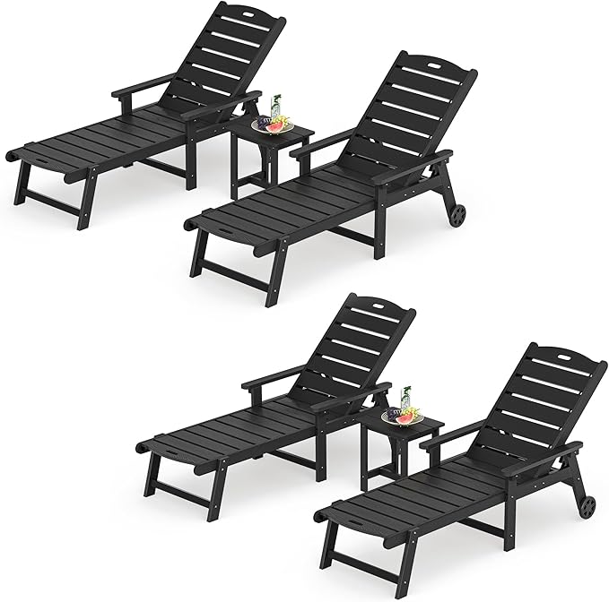 LUE BONA Chaise Lounge Chair with Table, 6-Piece, HDPS Chaise Lounger, 5 Positions Adjustable Lounge Chairs, Pool Lounge Chair with Wheels for Poolside, Backyard, Black
