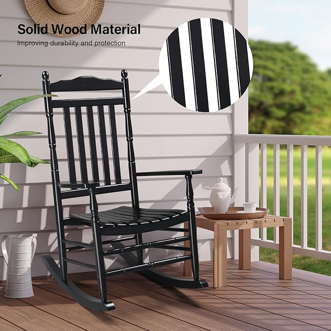 VINGLI Wooden Rocking Chair, Outdoor Chair with 450 lbs Support, Relaxing Rocker with Solid Wood High Back Seat Reclining Seat for Deck, Garden, Backyard, Porch, Indoor or Outdoor Use (Black, 1PC)