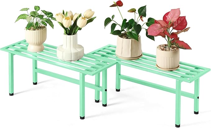 2 Pack Metal Plant Stand Outdoor Plant Shelf Indoor,1 Tier Heavy Duty Plant Stands for Multiple Plants,26" L x 10.12" H x 8.75" W,Mint Green