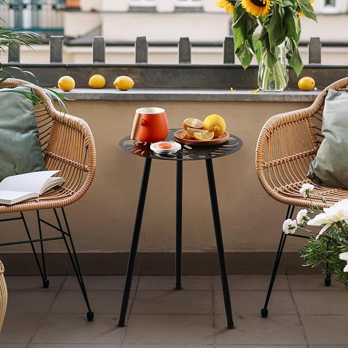 Metal Outdoor Side Tables Set of Two Small Outside Round End Table for Patio Modern Accent Garden Corner Table for Small Spaces, Balcony, Porch, Weather-Resistant, Plant Stand Indoor, Black