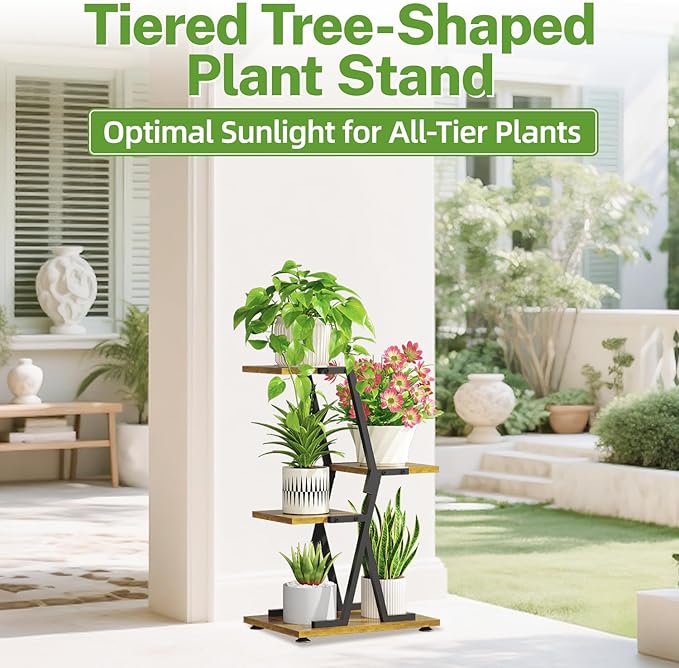iDavosic.ly 3 Tier Indoor Plant Stand, Corner Tall Metal & Wood Flower Shelf, Orchid Display Rack for Living Room Balcony Patio Porch, Space Saving & Multifunctional Display, Black & Brown