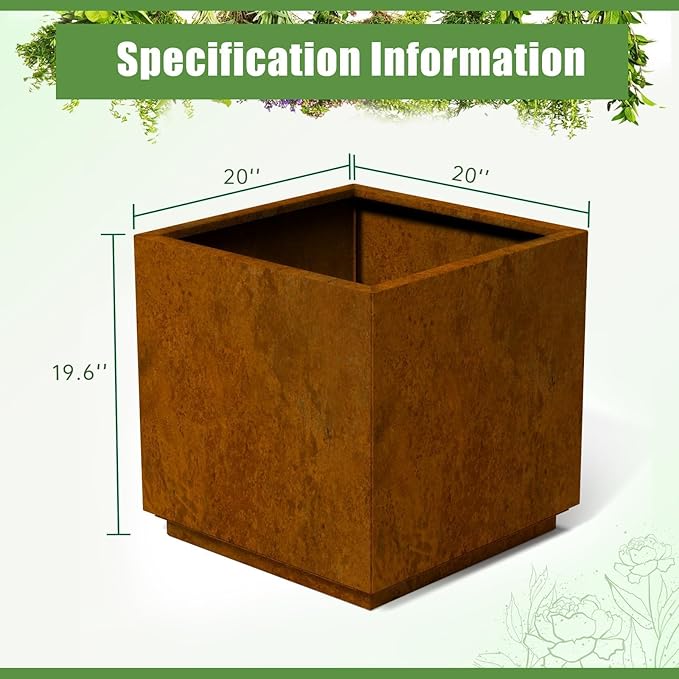 Decoroca Heavy-Duty Corten Steel Planter Box, Large Square Cube Outdoor Planter for Patio & Garden, Naturally Weathering Steel, Modern US-Designed Planters for Plants & Trees