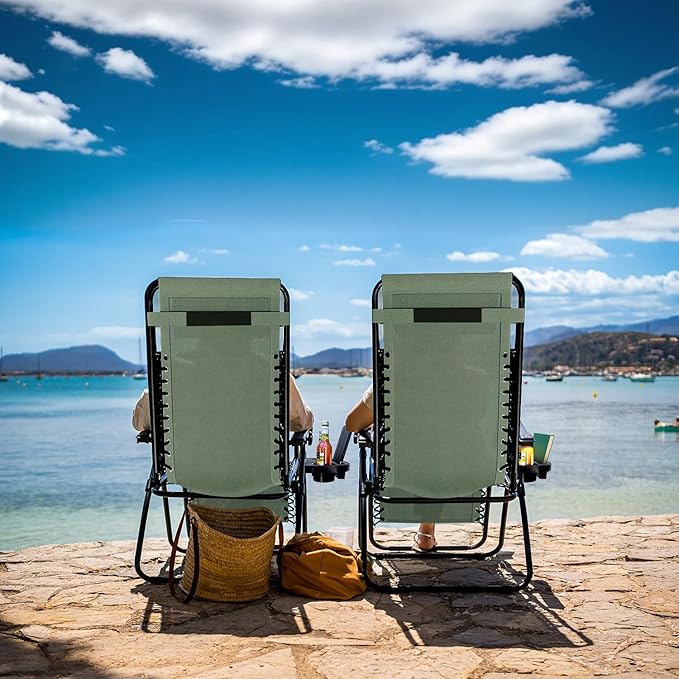 Nestl Zero Gravity Chairs Set of 4, Patio Lounge Chair Outdoor with Pillows & Cup Holder Trays, Adjustable Steel Mesh Reclining Camping Chair, Folding Patio Lawn Chair for Deck, Beach - Sage Green