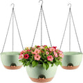3-Piece Set of 10-Inch Hanging Planters with Automatic Watering System and Drip Tray, Includes Metal Chain, Suitable for Various Indoor and Outdoor Plants and Flowers, Green Brown