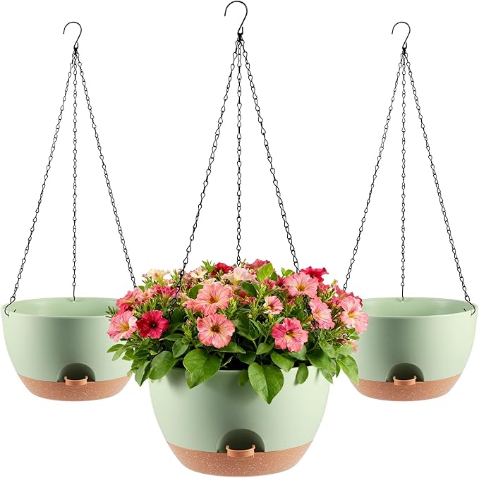 3-Piece Set of 10-Inch Hanging Planters with Automatic Watering System and Drip Tray, Includes Metal Chain, Suitable for Various Indoor and Outdoor Plants and Flowers, Green Brown