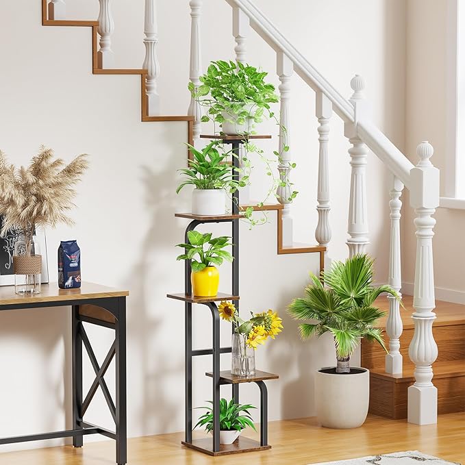 5 Tier Plant Stand Indoor, Plant Shelf for Multiple Plants, Flower Pot Holder Shelf, Planter Display Rack for Patio Garden Balcony Living Room Bedroom Decor, Rustic Brown