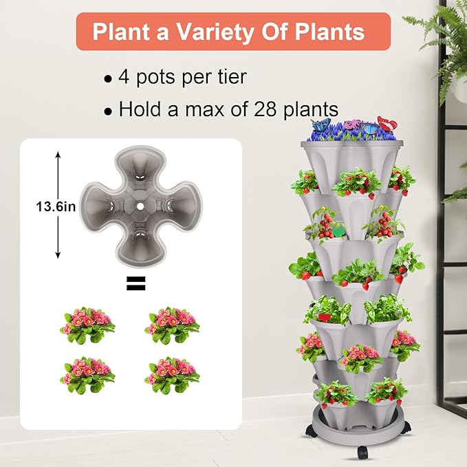 DUNCHATY Stackable Planter, Vertical Strawberry Planter with Garen Tool Set, Self Watering Garden Planter Indoor/Outdoor 7 Tier Herb Planter Pots for Growing Vegetables and Succulents, Gray