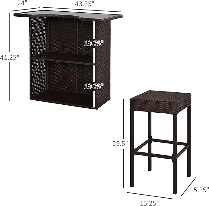 Outsunny 5 Pcs Rattan Wicker Bar Set, High Top Outdoor Table and Chairs, Bar Height Patio Set with Glass Table Top 2 Tier Storage Shelf, and 4 Bar Stools for Garden, Poolside, Dark Brown