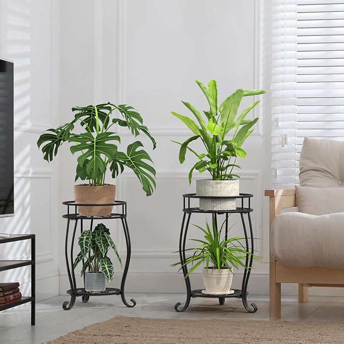 TOSKING 2 Tier Metal Plant Stand Indoor Outdoor , Rustproof Stable Plant Stands Multiple Plant Rack Holder Flower Pot Stand for Living Room Balcony Garden Patio Bedroom (Black, 19.5)