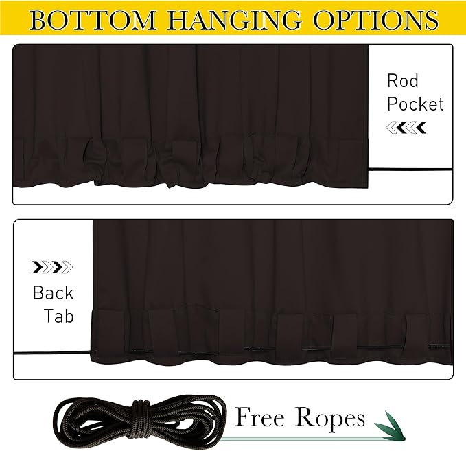 NICETOWN 2 Panels Outdoor Curtains Waterproof Pocket & Back Tab on Top & Bottom, Thermal Insulated Windproof Sun Blocking Outside Privacy Drapes for Patio with Fixed Rope, W52 x L95, Toffee Brown