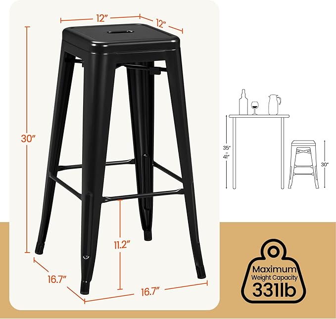 Yaheetech 30 Inch Metal Bar Stools Set of 4, Bar Height Backless Bartools, Industrial Stackable Bar Chairs with Footrest for Kitchen/Dining Room/Bistro/Patio, Black