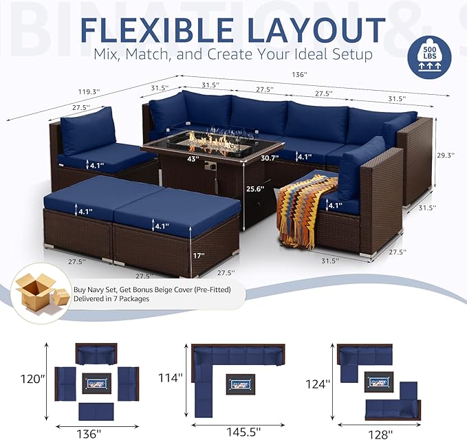 NICESOUL 9 Piece Patio Furniture Set with Fire Pit Natural Gas/Propane, 29.3'' High Back Comfy Outdoor Wicker Conversation Set, XL Large Deep Sitting Sectional Sets, Brown Rattan and Navy Blue Cushion