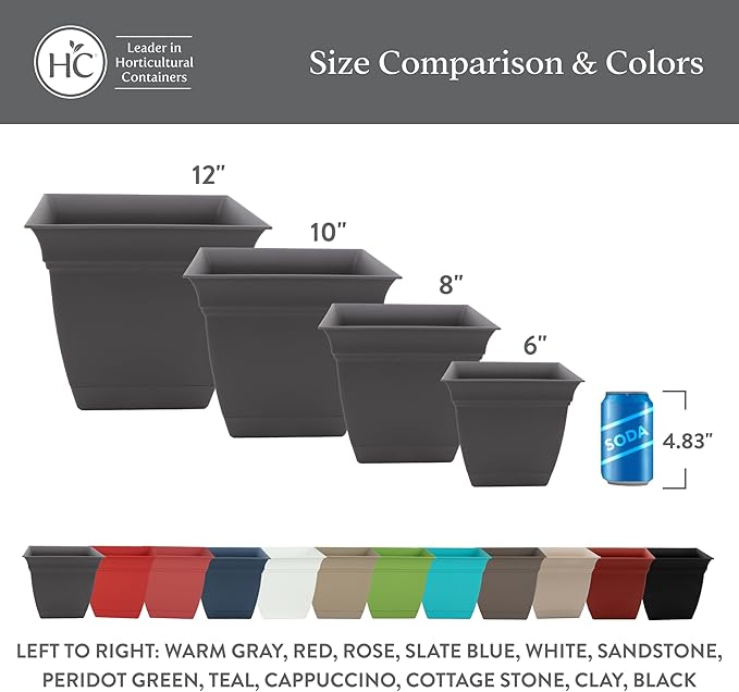 The HC Companies 12 Inch Eclipse Square Planter Pots with Drainage Holes & Attached Saucer, Lightweight UV-Resistant Plastic Indoor Outdoor Planters, 2-Pack Flower Pots for Garden & Home Decor, Clay