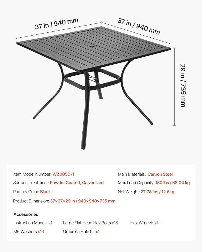 VEVOR Outdoor Patio Dining Table, 37 inch Square Metal Steel Slat Backyard Bistro Tables, with 1.5 in Umbrella Hole, Outside All-Weather Large Furniture for Lawn Garden Porch, Black