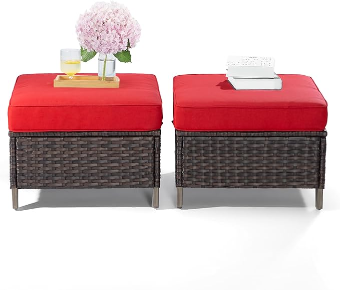 Joyside Patio Ottoman Set of 2, All Weather Outdoor Rattan Ottomans Patio Footstools with Removable Cushions for Garden Backyard Porch (Red)
