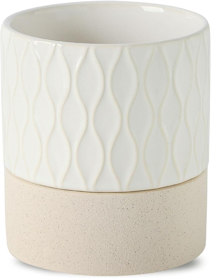 Nihow Self Watering Plant Pot for Indoor Plants: 6 Inch Ceramic Planter with Drainage Hole & Water Storage Plus - Cylinder Flower Pot with Wick for Herbs - Cream White & Brown Net
