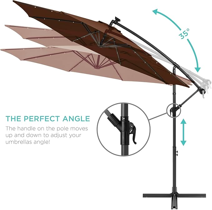 Best Choice Products 10ft Solar LED Offset Cantilever Hanging Market Patio Umbrella, 8 Sturdy Ribs, Easy Adjustment - Brown