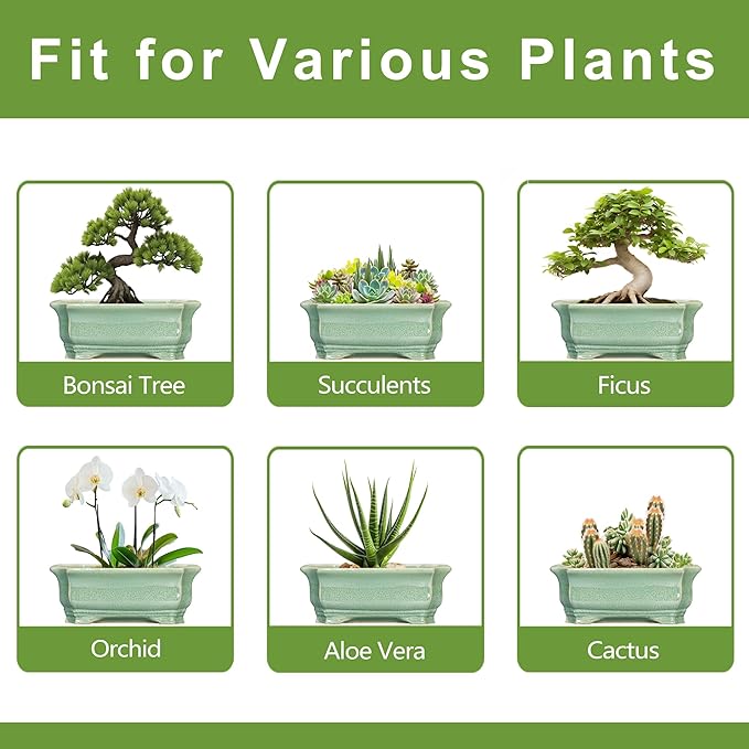 Bonsai Pots - 13.7 Inch Rectangle Ceramic Pots for Plants, Large Succulent Planter with Drainage Hole, Decorative Planters for Indoor Outdoor, Garden House Decor, Housewarming Gifts, Green