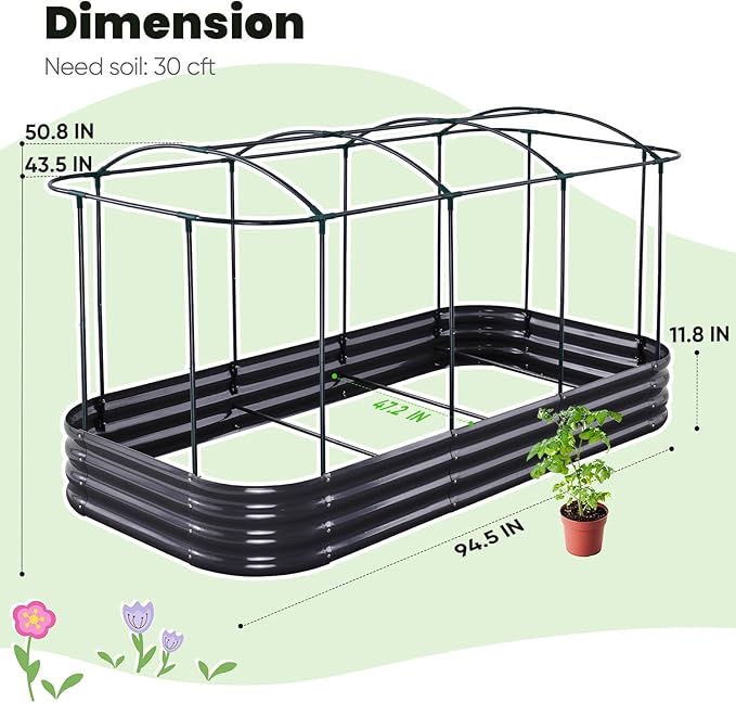 KING BIRD Raised Garden Bed with Cover Galvanized Oval Planter Garden Box 94.5x47.2x11.8 in, Clear, Outdoor for Gardening, Vegetables, Flowers