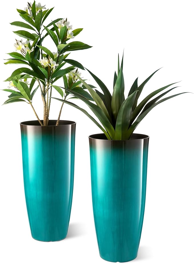 Glitzhome 30" H Tall Outdoor Planter, Set of 2 Large Tall Planters with Gradient Turquoise Faux Ceramic Finish, Plastic Large Flower Pots for Porch Garden Indoor All Season Decor,with Drainage Holes