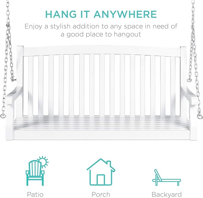 Best Choice Products 48in Wood Porch Swing Outdoor Patio Hanging Bench Chair Furniture for Deck, Garden, Yard w/Mounting Chains, Curved Back Design, 500lb Weight Capacity - White