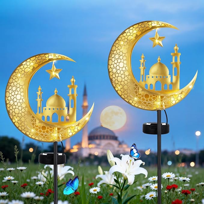 Lewondr 2Pcs Ramadan Solar Lights, Ramadan Decorations Outdoor, Metal Yard Signs LED Eid Decorations Mubarak Star Moon Castle, Waterproof Solar Garden Stakes Lights for Walkway Lawn Patio