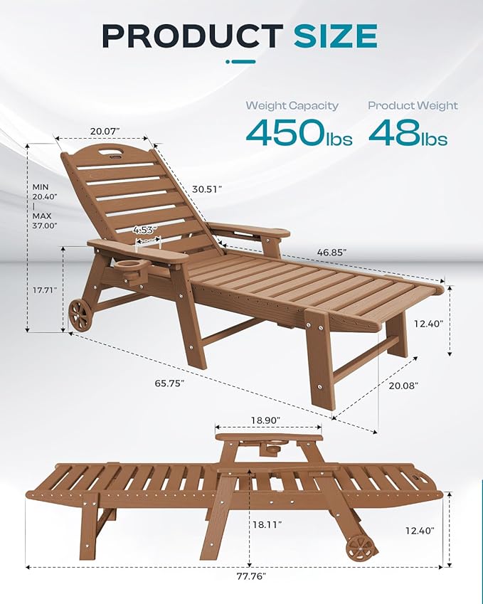 Ciokea Outdoor Lounge Chair Set of 4, All Weather Patio Chaise Lounge Chairs for Outside, HDPE Chair with Rolling Wheels & Cup Holder, 5 Position, Deck, Pool, Brown