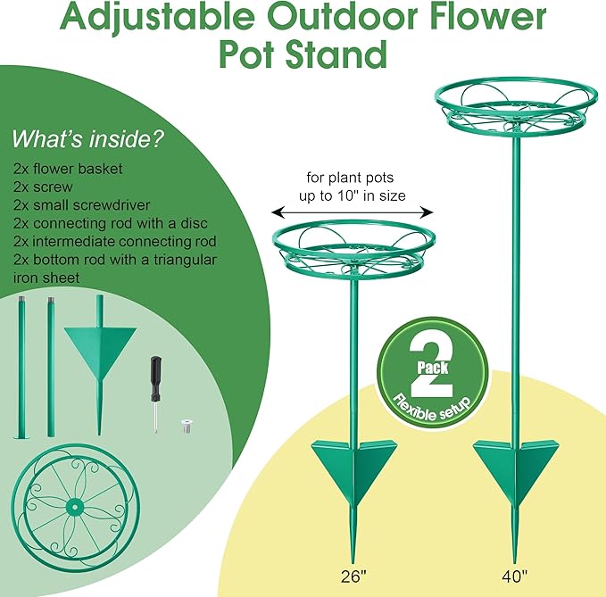 Tellingyou 2 Pack Adjustable Outdoor Flower Pot Stand, Metal Outdoor Plant Stands, Spring Summer Versatile Plant Stand Garden Stake for Display Plants, Elegant Solution for Landscaping Decor (Green)