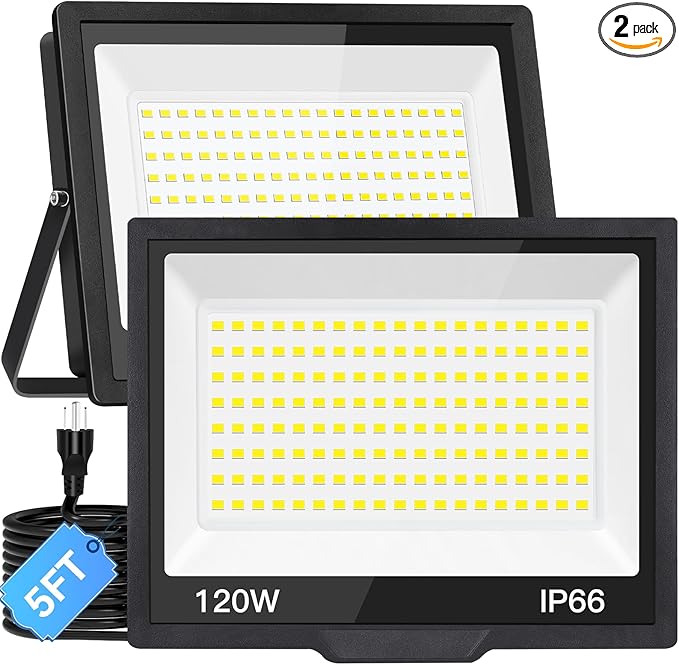 120W LED Flood Light Outdoor with Plug, 14400Lm Super Brighter Security Lights with 5ft Wire, IP66 Waterproof LED Work Light, 5000K Daylight White Exterior Floodlights for Yard Garage Stadium(2 Pack)