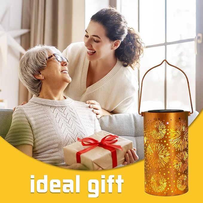 Fireworks Birthday Gifts for Women, Solar Lanterns Outdoor Waterproof, Garden Decor Metal Hanging Decorative Solar Lights for Patio Yard Lawn Backyard Porch, Gardening Gifts for Women Mom Grandma