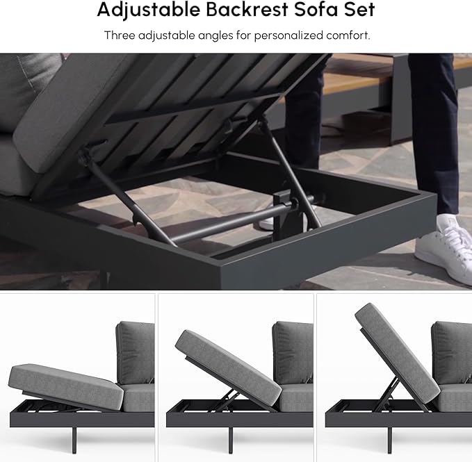 homary Outdoor Conversation Sets, 6 Piece Aluminum & Teak Patio Sectional Sofa Set with Adjustable Backrests, Waterproof Cushions, Ideal for Patios & Balconies | Outdoor Materials, Fade Resistant, Modular design