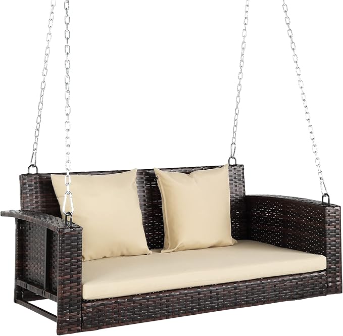 VINGLI Heavy Duty 800 LBS Wicker Hanging Porch Swing with Cushions & Chains, 4FT Outdoor Rattan Swing Bench for Garden, Yard, Lawn (Brown+Beige)