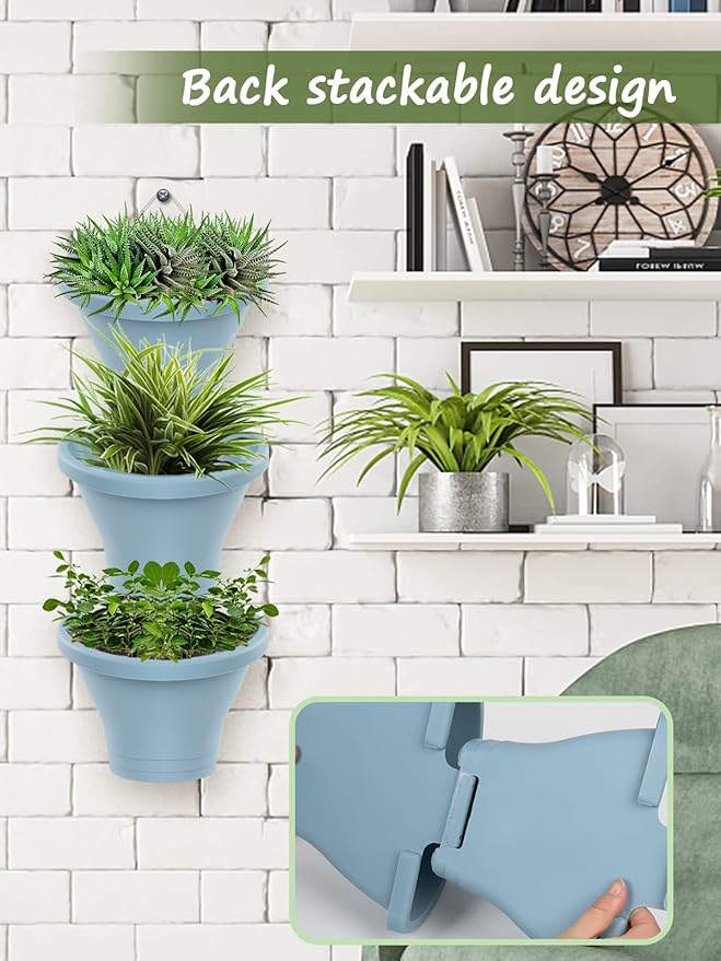 MADHOLLY 6Pcs Vertical Hanging Planters for Outdoor Plants - Wall Plant Holder for Indoor Decorations Garden Fence, Plastic Flower Pots with Drainage Grid and Hooks (Blue)