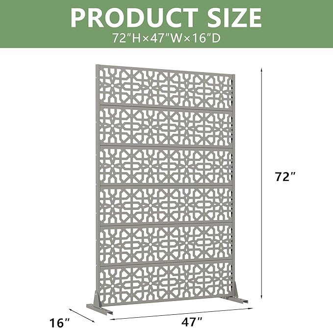 Casaphoria Metal Privacy Screen Outdoor, 72" H x 47" W Freestanding Decorative Privacy Screen for Patio Deck Balcony Garden with Stable Base, Grey-Perilla