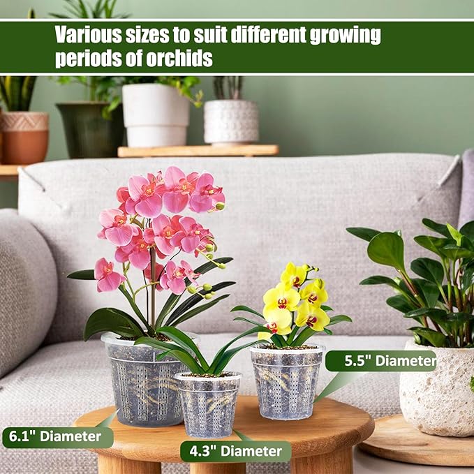 Orchid Pot with Saucers, 3 Each of 4.3",5.5",6.1" Orchid Pots with Holes,9 Pack Clear Planter for Indoor Outdoor Plants (3 Each of 4.3",5.5",6.1" with Saucers)