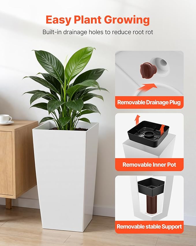 VEVOR 30 inch Tall Planters for Outdoor Plants Set of 2, White Tall Planter for Indoor Plants, Modern Large Planters for Front Porch Patio Balcony, Plant Container Flower Pots with Built-in Drainage