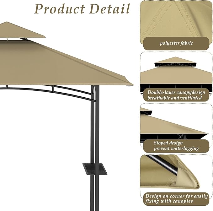 Grill Gazebo Replacement Top, 5 * 8 Outdoor BBQ Top Cover, Double Layer BBQ Gazebo Top Canopy for Model #L-GG001PST-F (Khaki)