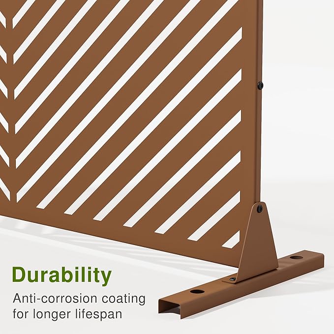 Casaphoria Metal Privacy Screen Outdoor, 72" H x 47" W Freestanding Decorative Privacy Screen for Patio Deck Balcony Garden with Stable Base, Brown-Parallel