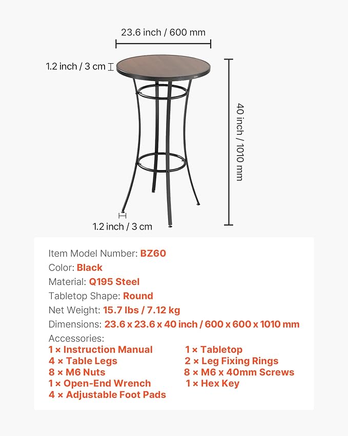VEVOR Outdoor Round Bar Table, 23.7 in Counter Bar Height Bistro Table, Patio Dining Tables with Easy-to-Clean Top & Sturdy Metal Frame, Indoor High Top Pub Tables for Small Places, Kitchen