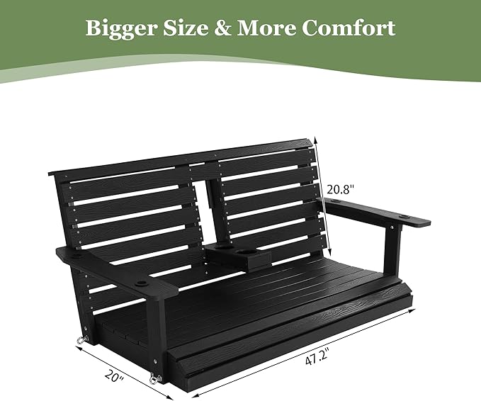 Poly Lumber 2-Seat Porch Swing, HIPS 4.5-Feet Bench Swing with Foldable Cup Holders,18/8 Stainless Steel Hardware, High Backrest and Deep Contoured Seat (Carbon Black, 4.5-feet)