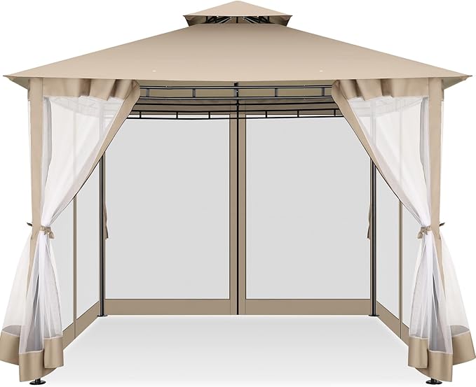 COBIZI Gazebo 10x10 Heavy Duty Gazebos with Improved Nettings Outdoor Gazebo Double Roof Patio Gazebos with Metal Steel Frame Outdoor Canopy for Patio, Deck, Backyard (Khaki)