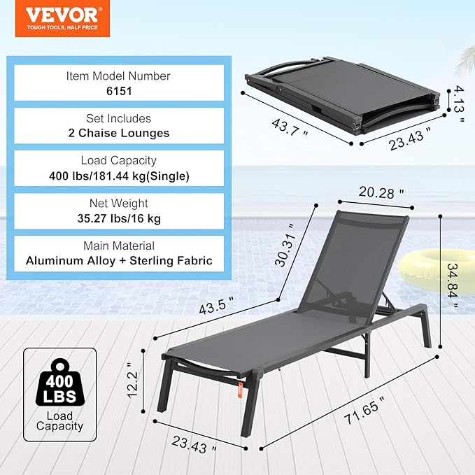 VEVOR 2 Pcs Chaise Lounge Chairs Outdoor, Aluminum Patio Lounge Chair with Adjustable 5-Position, Folding Pool Chairs Recliner and Full Flat Tanning Chair for Patio, Beach, Pool, Gray, 2 pcs