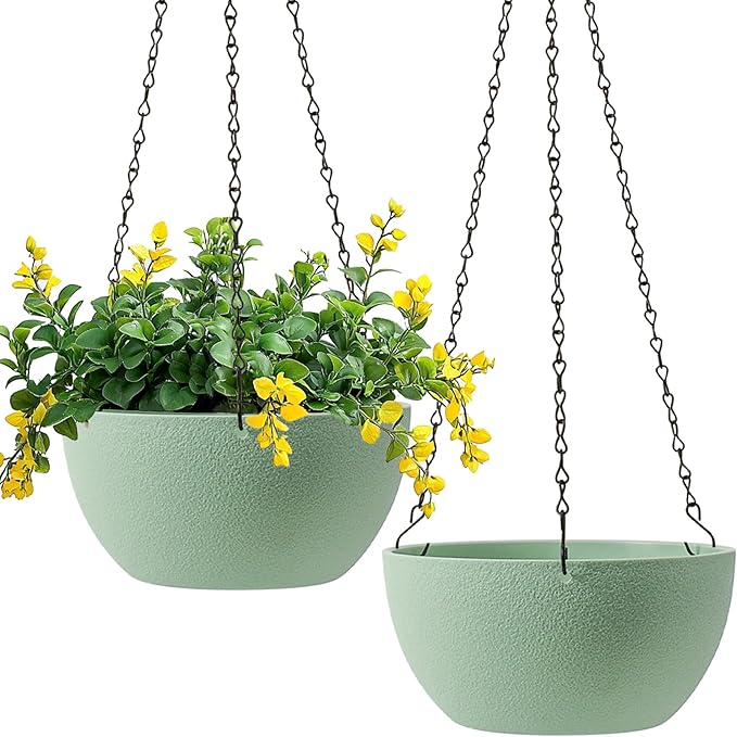 T4U 8 Inch Hanging Planter for Indoor Plants, 2 Pack Small Pots with Drainage Holes, Flower Basket Plant Holder for Home, Green