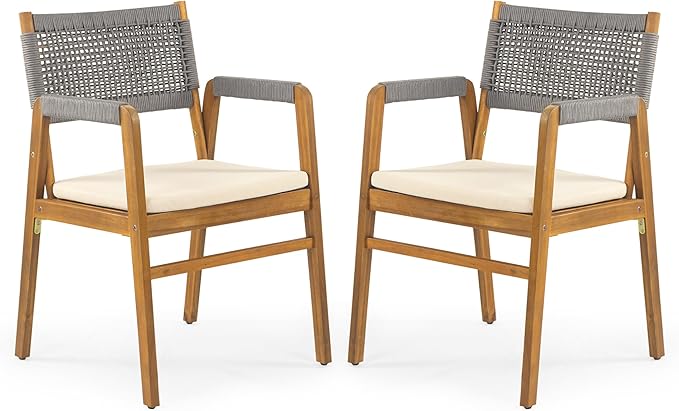 Christopher Knight Home Pasco Acacia Wood Outdoor Dining Table Set for 6, Wicker Patio Dining Set with Acacia Wood Table and Bench, Patio Table and Chair Set with Cushion+Rope Backrest, Teak+Grey